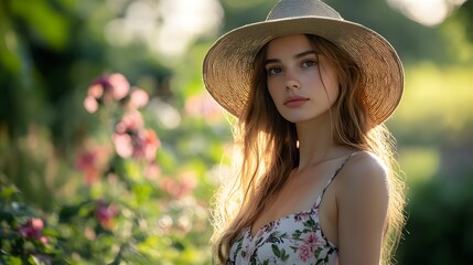 Elegant Pose with Sun Hat: A woman in a summer dress and sun hat, posing gracefully in a garden.
