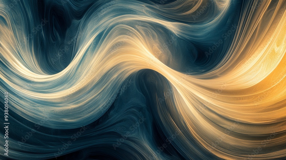 Poster abstract swirling waves in blue and gold hues - this abstract image features a dynamic swirl of blue