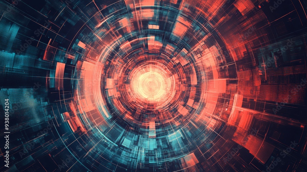 Poster abstract technology tunnel background - a mesmerizing digital tunnel formed by vibrant red and blue 