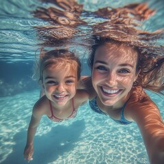 Happy smiling white mother and daughter swimming underwater