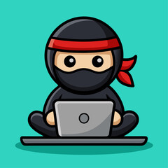 Cute Ninja Working on a Laptop