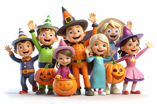 3D Candid Kids at a Halloween Parade concept as A candid shot of kids in costumes participating in a Halloween parade waving at the crowd. The scene captures the joy and excitement ideal for ads promo