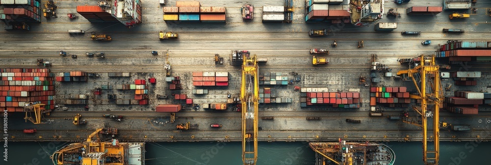 Poster aerial view of busy shipping container port with cranes - an aerial view of a busy shipping containe