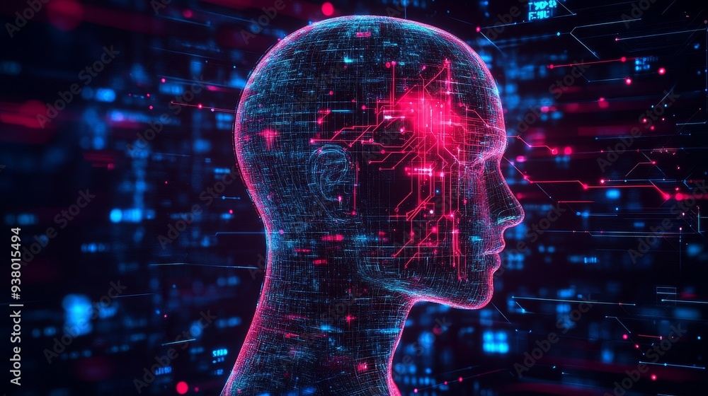 Poster artificial intelligence: the future of technology - a digital rendering of a human head with glowing
