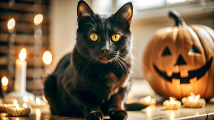 3D Glossy Black Cat Background with Glowing Eyes concept as A glossy background featuring a black cat with glowing eyes staring from the shadows. The scene is perfect for Halloween advertisements or s