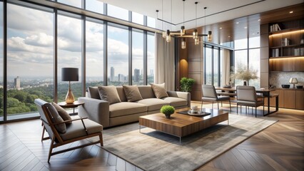 Fototapeta premium Sleek, minimalist interior with neutral tones, floor-to-ceiling windows, and contemporary furniture, exuding a sense of luxury and sophistication in a modern living space.