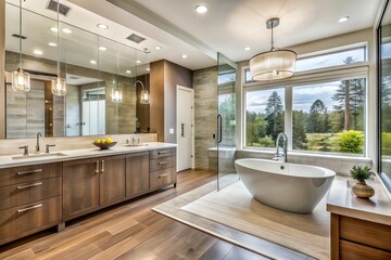 Fototapeta premium Sleek, modern bathroom boasts large walk-in shower, freestanding tub, double sink vanity, and plentiful natural light, epitomizing high-end luxury and sophistication.