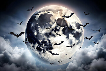 3D Glossy Full Moon Background with Bats concept as A glossy background featuring a bright full moon with bats flying across the sky. The scene is perfect for Halloween party invitations or spooky eve