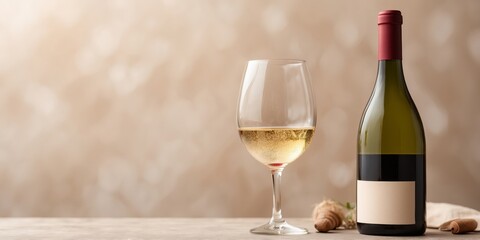 A glass of wine on a white and beige wall next to a bottle.