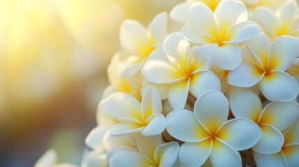 Obraz premium Beautiful White Plumeria Flowers in Soft Sunlight - Delicate white plumeria flowers bloom in the warm sunlight, symbolizing beauty, tranquility, peace, and purity. The soft glow of the sun adds a touc