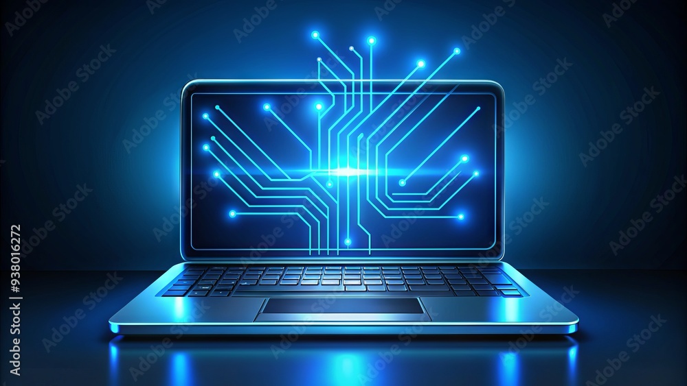 Poster sleek modern line icon of a laptop computer with glowing blue screen and wires, surrounded by minima