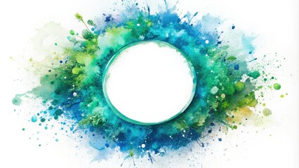 A delicate paint-splattered circle on a white background, surrounded by a flurry of loose, expressive brush strokes in shades of blue and green.