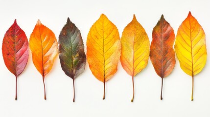 Seven colorful autumn leaves in a row are lying flat on a white background. The bright colors of the leaves pop against the neutral background