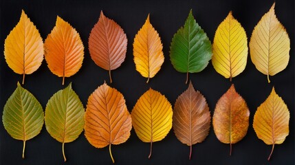 Obraz premium Colorful autumn leaves arranged on black background, showcasing changing hues of orange, yellow, red, green, and brown