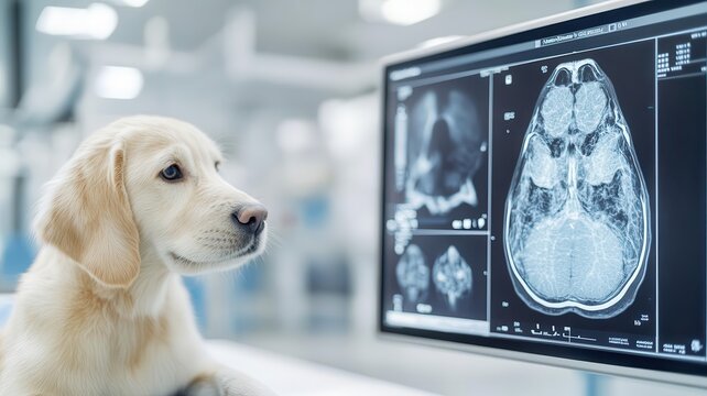 Closeup of a digital screen displaying a pet s CT scan in a clinic, advanced diagnostic imaging, detailed health assessment