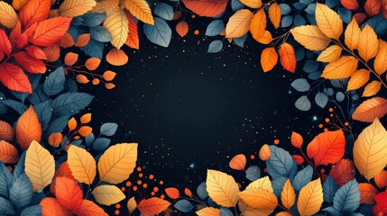 Vibrant orange and blue autumn leaves forming a border on a dark blue background with golden glitter, creating a festive fall atmosphere