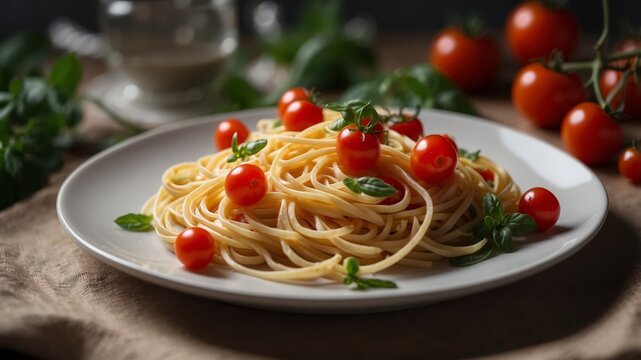 Fresh linguine pasta with cherry tomatoes and herbs on plate.