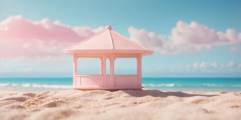Fototapeta premium A pastel pink coastal station on a bright sandy beach under a vibrant blue sky Minimalist and dreamy beachside aesthetic.