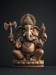 A detailed wooden statue of Lord Ganesha, showcasing intricate carvings and vibrant traditional motifs against a dark backdrop.