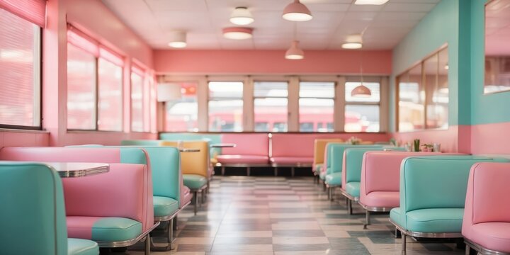 Colorful retro diner interior with vibrant pastel booths and checkered floor Playful and nostalgic atmosphere with contemporary aesthetic.