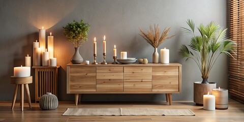 Sleek wooden commode, stick candles, and thoughtful decor adorn a serene living room, accented with natural elements and ample copy space for customization.