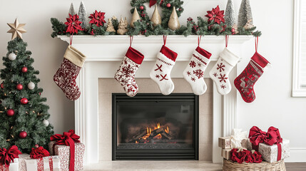 Christmas stockings hanging on a decorated fireplace mantel with a lit fire. A Christmas tree with ornaments and wrapped gifts sit nearby, creating a festive holiday atmosphere