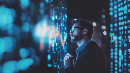 Man analyzing digital data on a large screen in a dark, futuristic environment. He is wearing glasses and appears focused on the glowing blue and orange charts