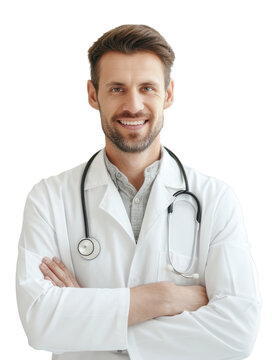 recommend clip art: Smiling Caucasian doctor man with stethoscope in hospital. Professional anesthesiologist specialist wearing white medical coat element and clip art