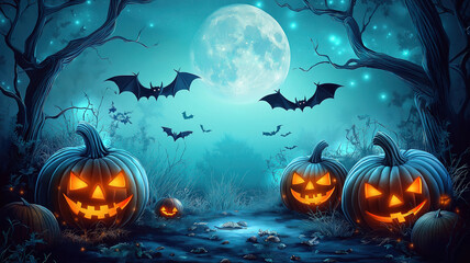 Awesome Halloween Pumpkins and Bats in the Moonlight