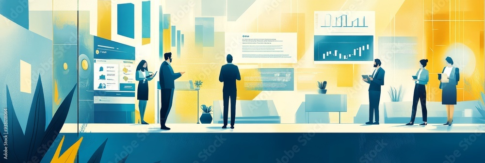 Aufkleber business people analyzing data and charts in modern office - a group of business professionals are g