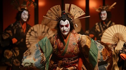 Fototapeta premium Kabuki Theater Performance: A dramatic Kabuki theater performance with actors in elaborate costumes and makeup.