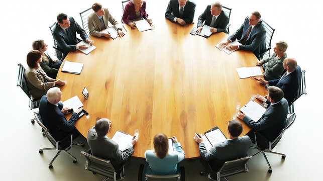 Business professionals sitting around a large, round wooden table during a meeting. The group is engaged in discussion, with documents and notes in front of them