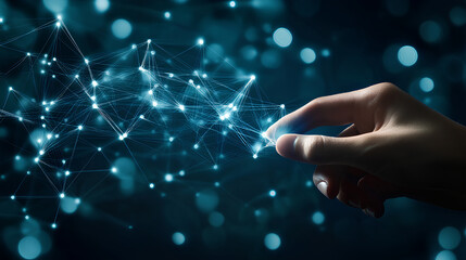 Close-up image of a person's hand interacting with a futuristic screen.