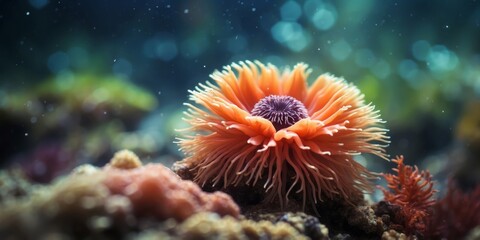Obraz premium A tight shot of a sea anemone on coral, surrounded by other corals and algae in the background.