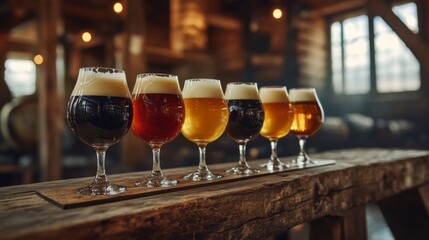 Six glasses of craft beer are standing on a wooden table in a brewery, showcasing a variety of colors and styles. The warm lighting and rustic atmosphere create an inviting ambiance