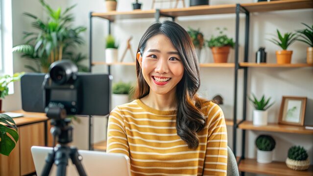 Smiling Asian female social media personality recording a live video at her home studio, sharing fun and expert advice with her virtual audience.