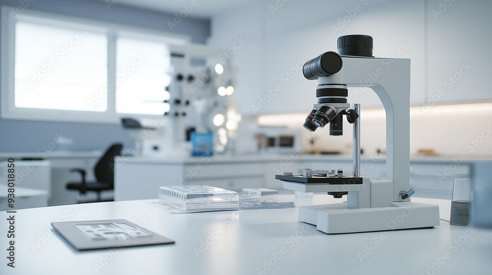 Wall mural modern microscope on a laboratory table in a bright, sterile lab environment. the image emphasizes s