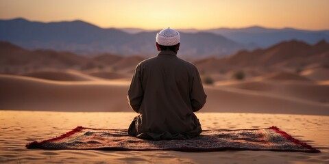 a Muslim praying in the desert in the evening on a prayer rug.