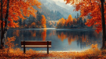 Empty bench sits on the shore of a lake, surrounded by the vibrant colors of autumn leaves, creating a peaceful and inviting scene