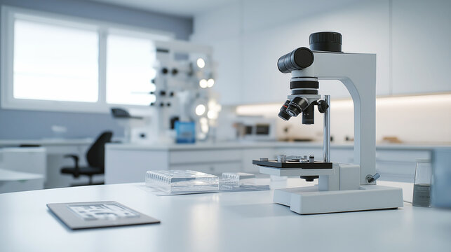 Modern microscope on a laboratory table in a bright, sterile lab environment. The image emphasizes scientific research and precision in a clean, well-organized space