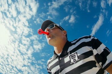 A passionate referee stands under a vast blue sky. He blows a bright red whistle. This image captures the intensity of sports and the role of officiating. Generative AI
