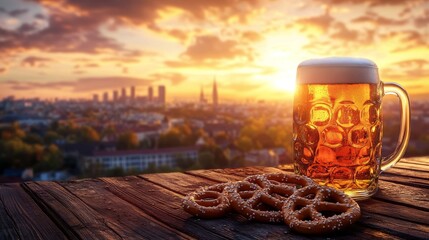 Frosty beer mug on a wooden table with pretzels, as the sun sets over the city skyline, creating a warm and cozy atmosphere