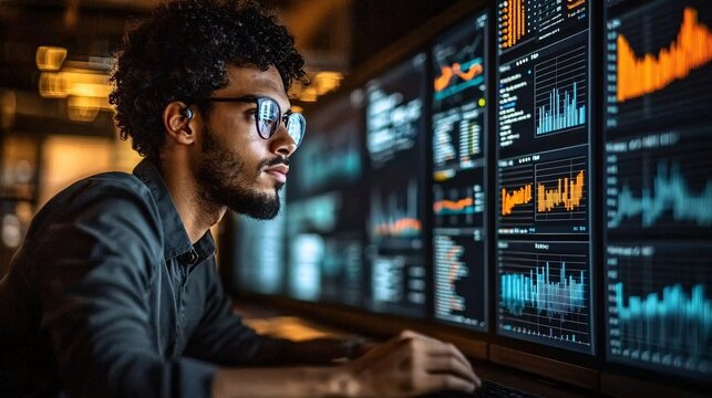 A data scientist analyzing complex datasets on multiple screens, visualizing graphs and AI-driven predictions.