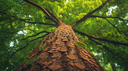 Tall tree with a rough, textured trunk adorned with numerous heart-shaped carvings, set against a backdrop of lush green foliage