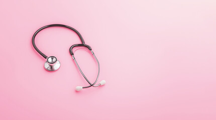 Fototapeta premium Stethoscope lying on a pink background symbolizing healthcare and medical examination. The contrast between the medical device and the soft pink color evokes themes of health awareness and care.