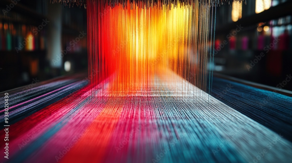Poster colorful threads weaving on a loom - textile industry close up - close-up of colorful threads weavin