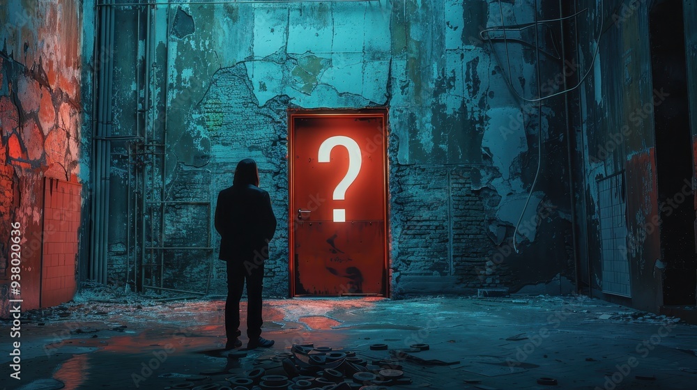 Sticker Solitary figure standing in front of a red door with a question mark, set against a backdrop of dilapidated walls with blue and red lighting