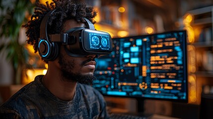 A programmer coding AI-driven algorithms for virtual reality simulations, wearing VR gear while analyzing outputs on a monitor.