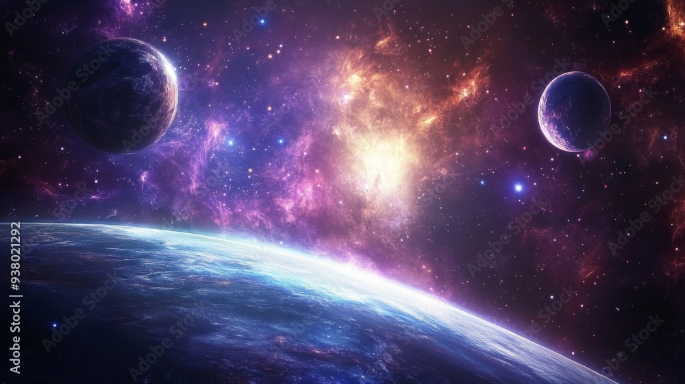 Poster cosmic landscape: planets and nebulae in a starry universe - a mesmerizing view of a distant planet 