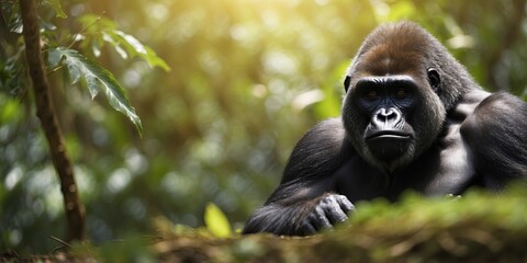 Obraz premium One gorillone sits in a jungle, looking out onet a world.